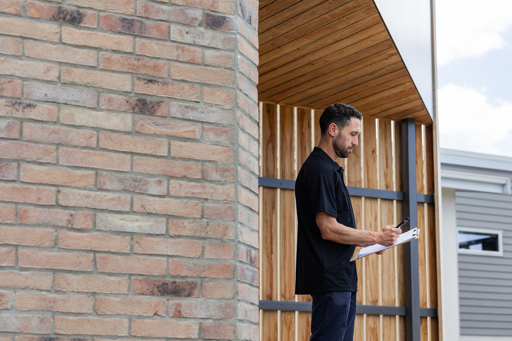 A man in a black shirt stands with a clipboard, taking notes in front of a modern brick and wood-building exterior. The atmosphere is focused.